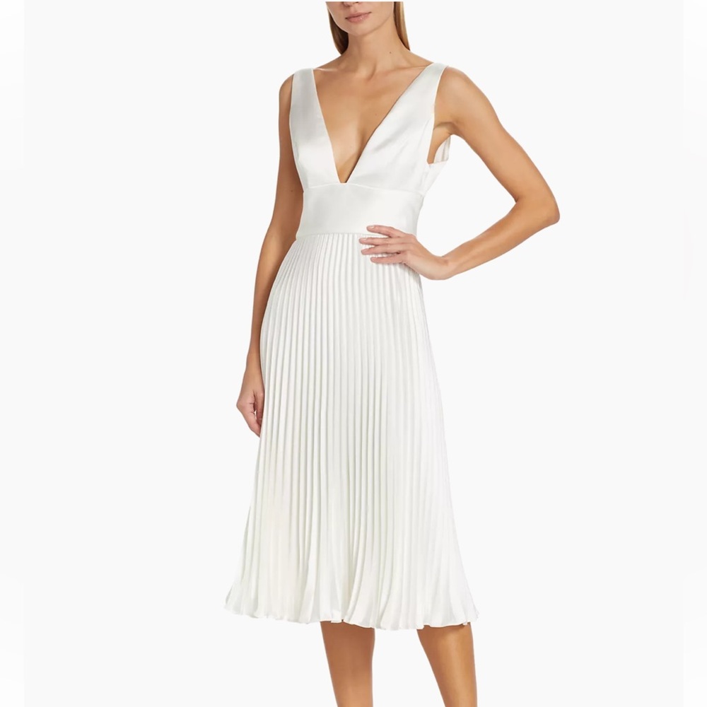 Amsale Satin V-Neck Pleated Midi Dress